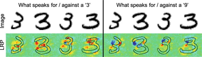 An illustration. At the top of the illustration, there are 8 images of the numerical digit 3, each with a different shape. On the bottom, there are L R P images of the 3 digits on the top. The illustration is titled what speaks for or against a 3.