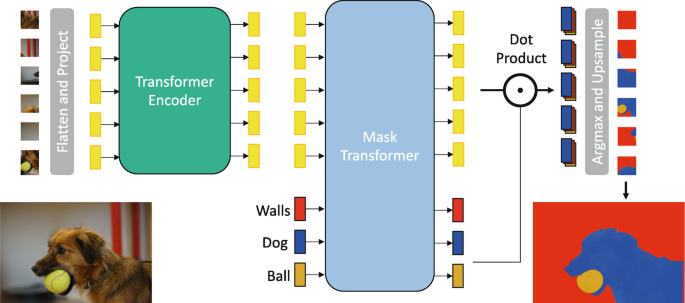 A schematic of segmentation. The input is a photograph of a dog with a ball in its mouth and a wall in the background. The input is divided into six sections, which lead to flatten and project, transformer encoder, mask transformer, dot product, argmax and up sample, and output with different shades.