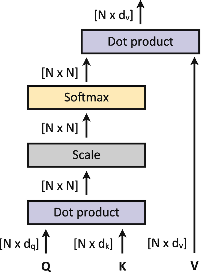 A flow diagram of attention blocks. Queries Q and K are linked to dot product by N times d q and N times d k, respectively, and dot product is linked to scale by N times N, soft max by N times N, and dot product by N times N. The V is linked to the dot product by N times d v.
