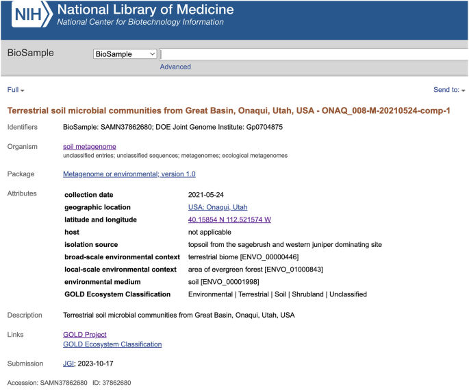 A screenshot displays the National Library of Medicine options. It includes identifiers, organisms, packages, attributes, description links, submission, and accession.