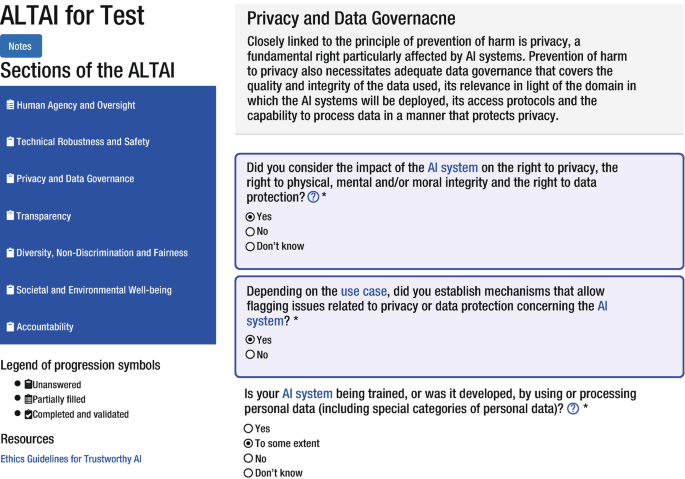 A chart exhibits the unanswered, partially filled, completed, and validated sections of the A L T A I on the left. on the right, it provides the details of privacy and data governance along with a few questionaries on the AI system.