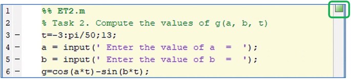 A screenshot of a 6-line code. Line 1 reads E T 2 dot m. The square button on the top right pane is annotated.