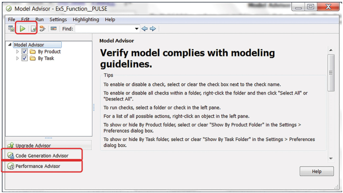 A screenshot depicts model advisor window with run button and checklist button highlighted. Generation advisor and performance advisor on the bottom are also highlighted.