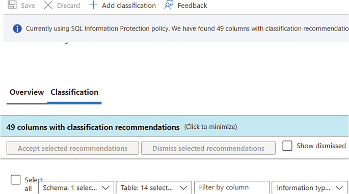 A screenshot depicts the Azure S Q L D B classification recommendations with overview and classification options where classification is selected, and 49 columns with classification recommendations are highlighted.