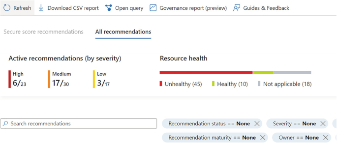 A screenshot depicts the advanced threat protection with all recommendations selected, including active recommendations, resource health, recommendation status, maturity, severity, and owner.