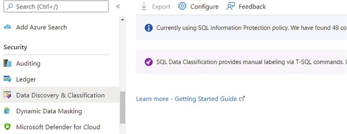 A screenshot depicts the Azure S Q L D B, in security, data discovery, and classification selected, which has two options and learn more links at the end.