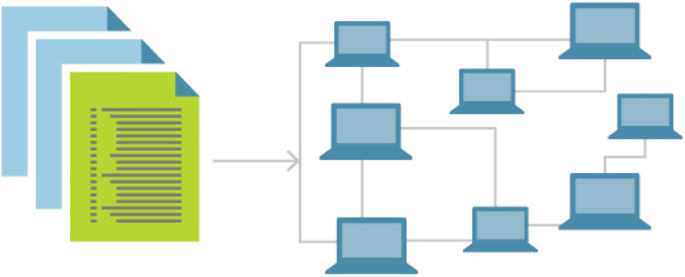 A diagram represents the use of codes through an infrastructure of computer systems.