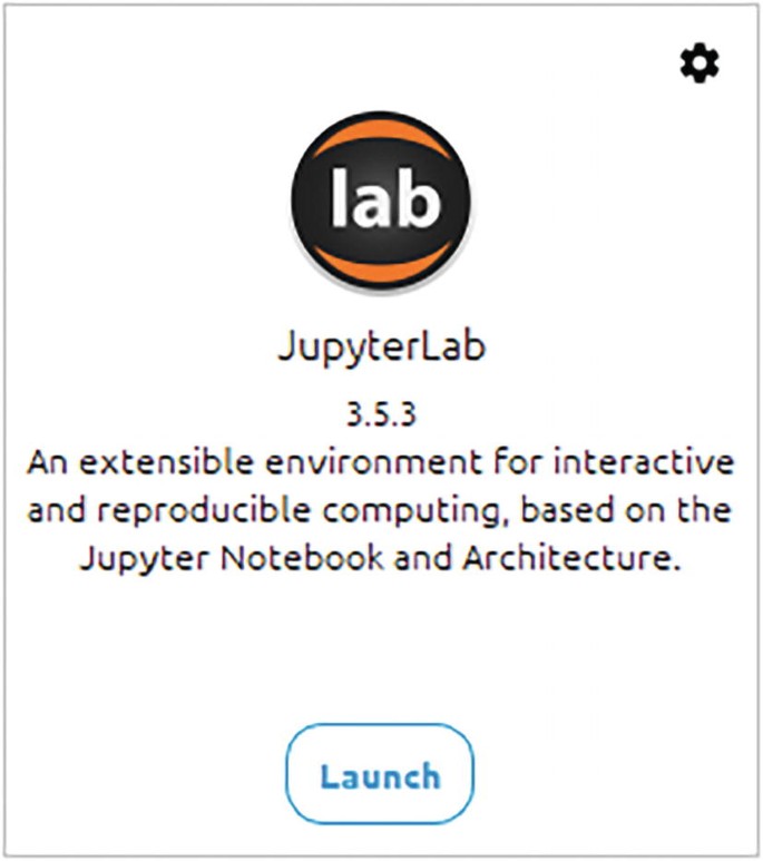 A screenshot exhibits the logo of Jupyter lab followed by the text Jupyter lab, 3.5.3, an extensible environment for interactive and reproducible computing, based on the jupyter notebook and architecture. At the bottom is a button labeled launch and a gear icon at the top right.