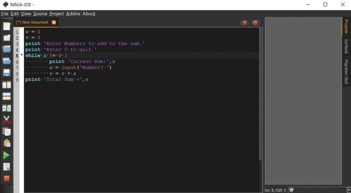 A screenshot of the ninja I D E exhibits 9 lines of codes with print and while command under the new document tab.