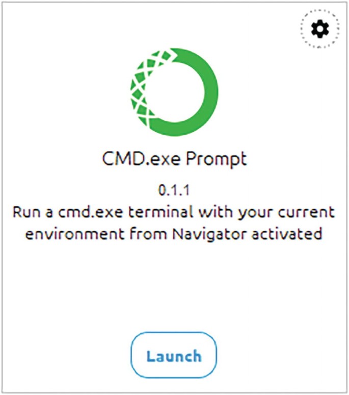 A C M D dot e x e prompt 0.1.1 exhibits a text that reads run a c m d dot e x e terminal with your current environment from the navigator activated. Below the text is a button labeled launch. At the top right is an icon of a gear.