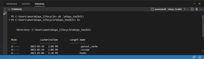 A screenshot of a window has the terminal tab selected. The tab has 2 location paths for P S, a location path for directory, and a table below with columns of mode, last write time, length, and name.