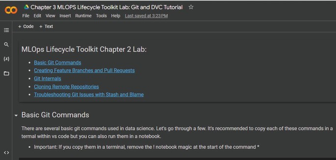 A cropped screenshot of the chapter 3 M L O P S lifecycle toolkit lab window. It has 5 links under the M L O P S lifecycle toolkit chapter 2 lab and a description for basic git commands below.