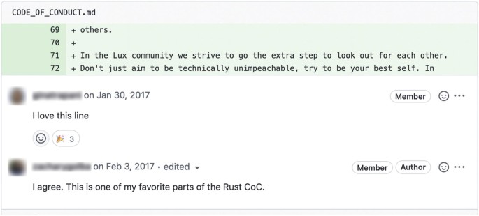 A screenshot of the comment section in the code of conduct. It displays 4 lines of wording and comments from 2 users with reaction icons.