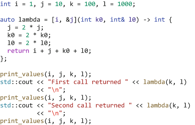 A code of C + + lambda expression. Initializes i = 1, j = 10, k = 100, and l = 1000. Lambda includes, j, k 0, and l 0 as 2 times their respective values and returns i + j + k 0 + l 0. Prints values of i, j, k, and l, and values of first call returned and second call returned.