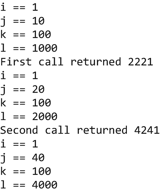 An output of the lambda expression execution in C + +. A value of variables i, j, k and l change after multiple function calls, with each variable doubling in value with each call, resulting in the described values.