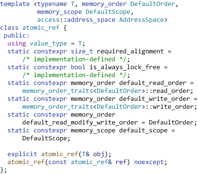 A program has the following data in the template function. Type name, T. Memory order, default order. Memory scope, default scope. Access, address space. The atomic reference class includes 6 static functions and an explicit function.
