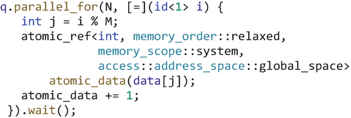 A program includes the following lines in the atomic reference class. Memory order, relaxed. Memory scope, system. Access, address space, global space. Atomic data + = 1. The highlighted functions are parallel for, atomic data, and wait.