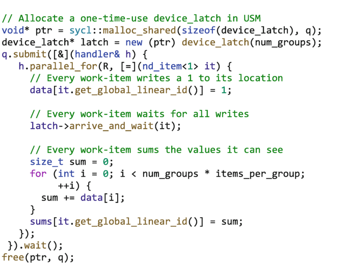 A program allocates a one-time-use device latch in U S M. Every work item writes a 1 to its location, waits for all writes, and sums the values it can see. The highlighted functions are m allocation shared, device latch, submit, parallel for, get global linear i d, arrive and wait, wait, and free.