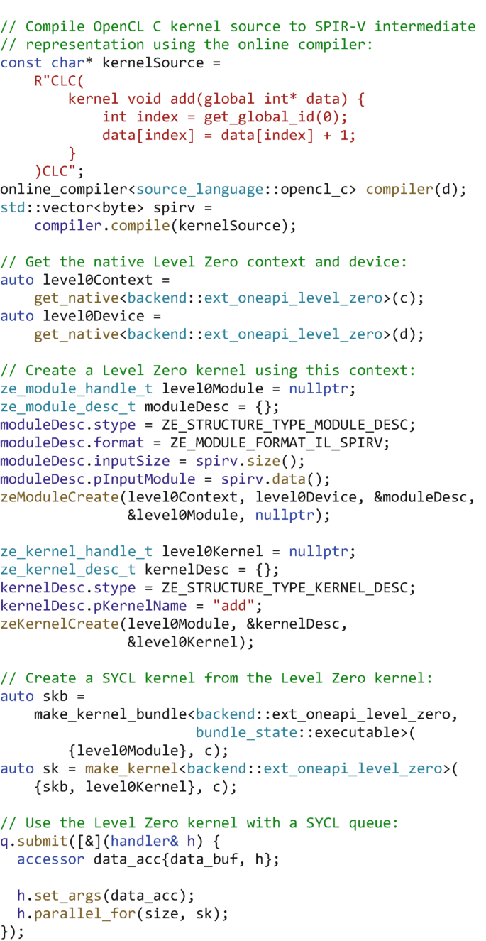 A program to compile open C L, C kernel source to S P I R V intermediate representation using the online compiler, get the native level zero context and device, create a level zero kernel using this context, create a S Y C L kernel from the level zero kernel, and use it with a S Y C L queue.
