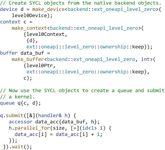 A program to create S Y C L objects from the native backend objects and use them to create a queue and submit a kernel. The highlighted functions include make context, make device, make buffer, submit, parallel for, and wait.