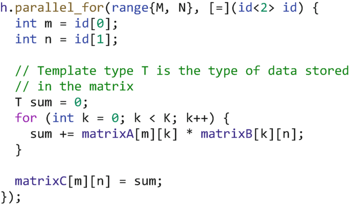 A program of the native matrix multiplication kernel. The template type T indicates the type of data stored in the matrix. The execution of the program represents the operation of matrix m n = sum.
