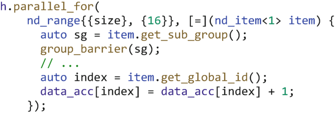 A program to perform a sub-group barrier and the same group barrier function. The group from n d item class for N D-range kernels, cannot be a data-parallel item. The auto index and the data index operations are executed.