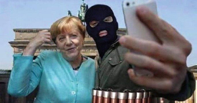 A photograph of a masked terrorist taking a selfie standing next to Angela Merkel, in front of Brandenburger Tor.