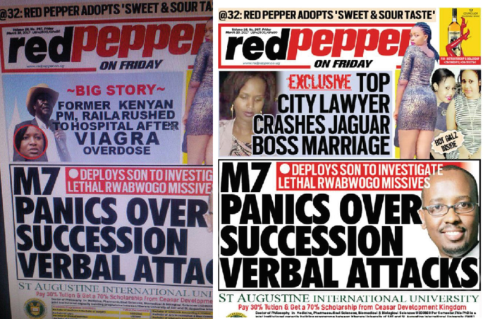 A pair of front pages of a newspaper Red Pepper, fake and real editions. The fake paper contains news about former Kenyan P M, and the real is of a top city lawyer crashing Jaguar Boss marriage. Other features and text are the same.