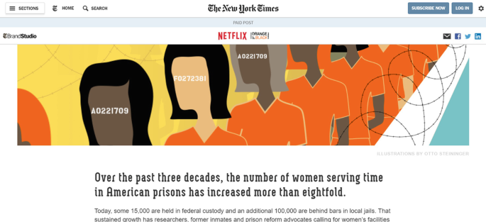 A blog post in the New York Times with a headline that reads, over the past 3 decades the number of women serving time in American prisons has increased more than eightfold, with an illustration of female inmates queued up behind barbed wire fence.