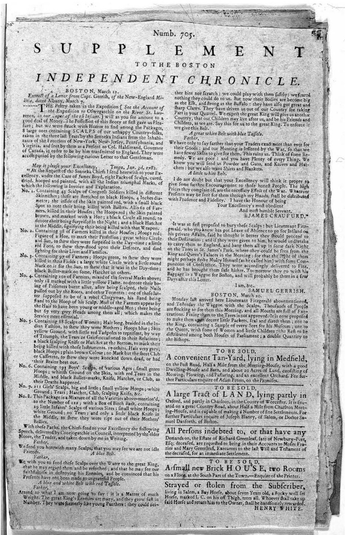 A photograph of a page of a newspaper titled, supplement to the Boston, independent chronicle, with text dated Boston March 12, has 2 columns of text.