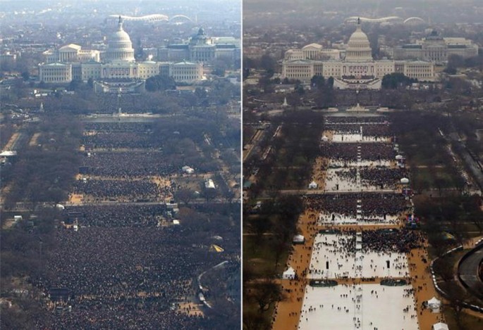 Two photographs with aerial views of the U S Capitol building, one with a huge throng of people assembled in front, and another with a smaller number of people.