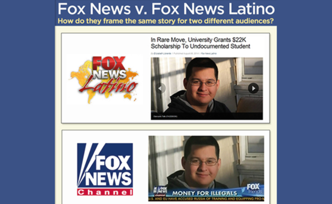 A snapshot titled fox news versus fox news Latino, with the same photograph of a male student. The caption reads money for illegals in the main channel, and grant of scholarship to undocumented student in the Latino channel.