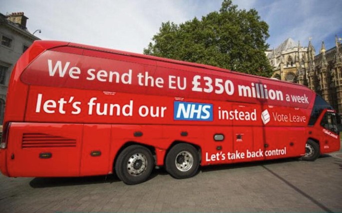A photograph of the side view of a bus. The text on it reads, we send the E U 350 million pounds a week. Let's fund our N H S instead, vote leave. Let's take back control.