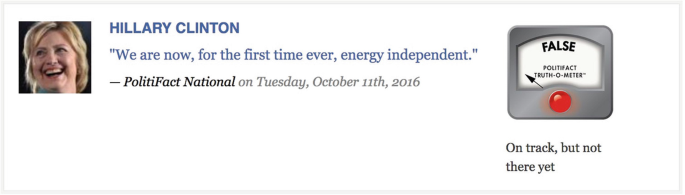 A news bulletin post about Hillary Clinton by Politifact national states, we are now for the first time ever, energy independent. A politi fact truth-o-meter indicates, false, with text, on track, but not there yet.