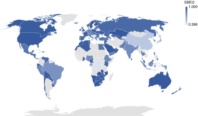 A world marks different values of S B E I results in model B. Full efficient countries are Australia, Hong Kong, and Luxembourg. S B E I 2 from 0.398 to 1.000.