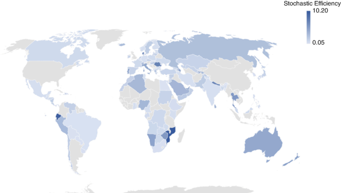 A world map marks efficiency results D E A model. Higher stochastic efficiency countries are Australia, Hong Kong, and Luxembourg. Stochastic efficiency is measured from 0.05 to 10.20.