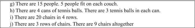 A text document represents A. There are 15 people and 5 people fit on each couch. B. There are 4 cans of tennis balls. There are 3 tennis balls in each can. C. There are 20 chairs in 4 rows. D. There are 3 rows of chairs. There are 9 chairs altogether.