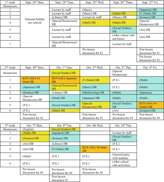 A table represents the timetable for the three weeks from September 24 to October 10.