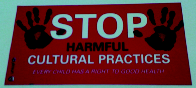 A banner has 2 handstamps on the extremes. Between these is the text, stop harmful cultural practices. Every child has the right to good health.