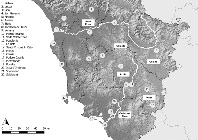 A map of central and southern Tuscany with sites labeled. Some are Pisa, Pienza, Chiusi, Rosselle, and Selena.