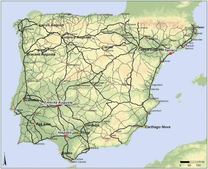 A map of Spain highlights the Roman roads. Some areas are labeled as Lucus Augusti, Bracara Augusta, Clunia, and Tarraco among others.