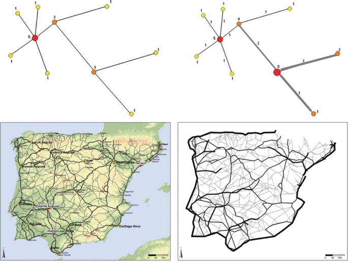 A map of Spain highlights the Roman transport network in the Iberian peninsula along with its schematic diagram.