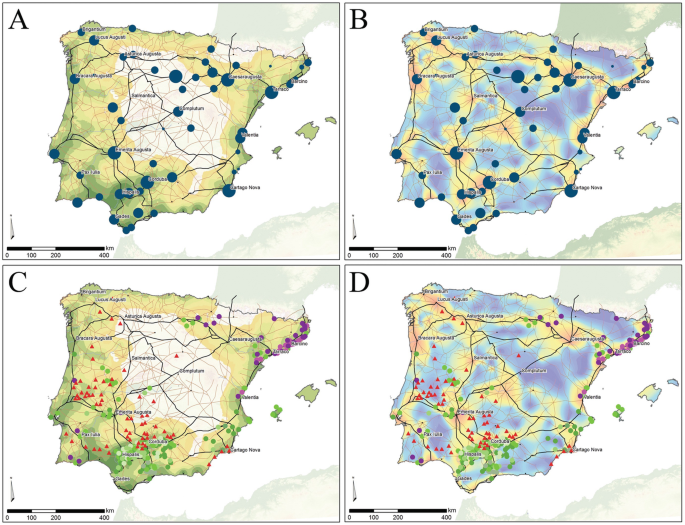 4 maps of Spain illustrate the transport networks, connectivity, measurement of cities, and production areas of the Iberian peninsula.