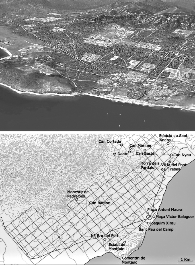 A map of the Laetanian Roman wineterritorial colony along with its satellite view. The map with satellite view has several places labeled.