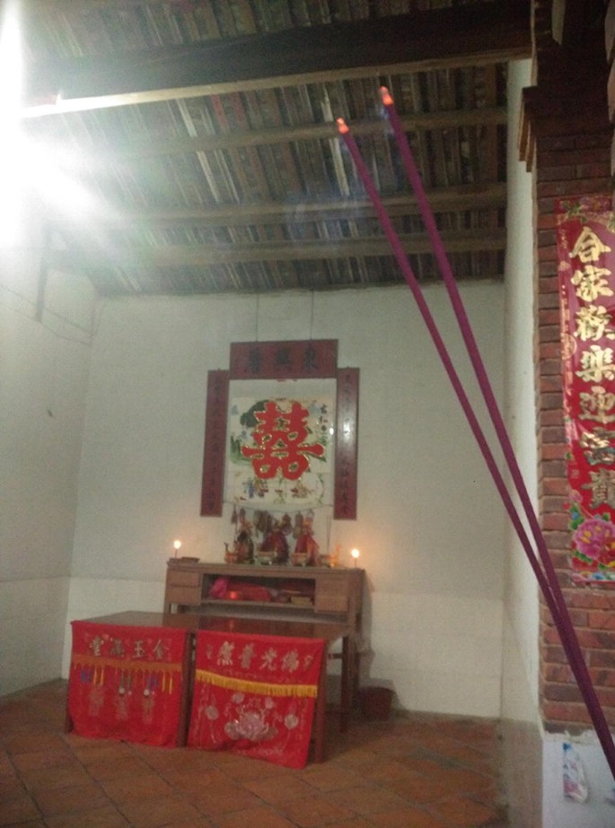 A photo of a room with a table and a desk behind it with posters and figurines kept on it. 2 candles are lit at the ends of the table. 2 incense sticks are visible in a closeup view.