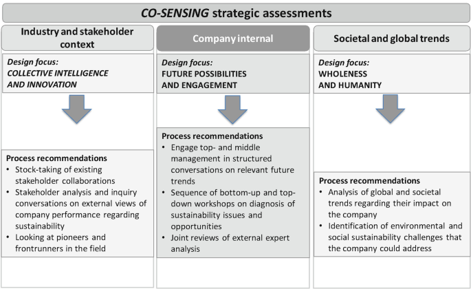 A table of co-sensing strategic assessments. It includes industry and stakeholder context, company internal, societal, and global trends with respective process recommendations.