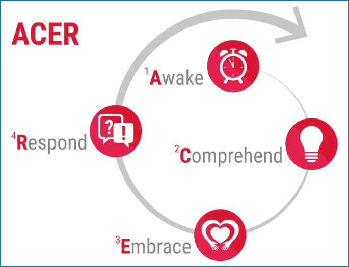 An illustration of the A C E R process to induce change. Its abbreviation is awake, comprehend, embrace and respond with symbolic representations.