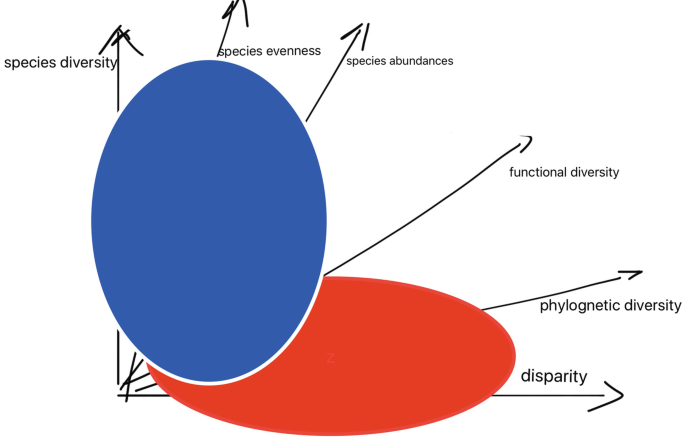 Two blue and red circular regions depict species diversity, species evenness, species abundance, functional diversity, phylogenetic diversity, and disparity.