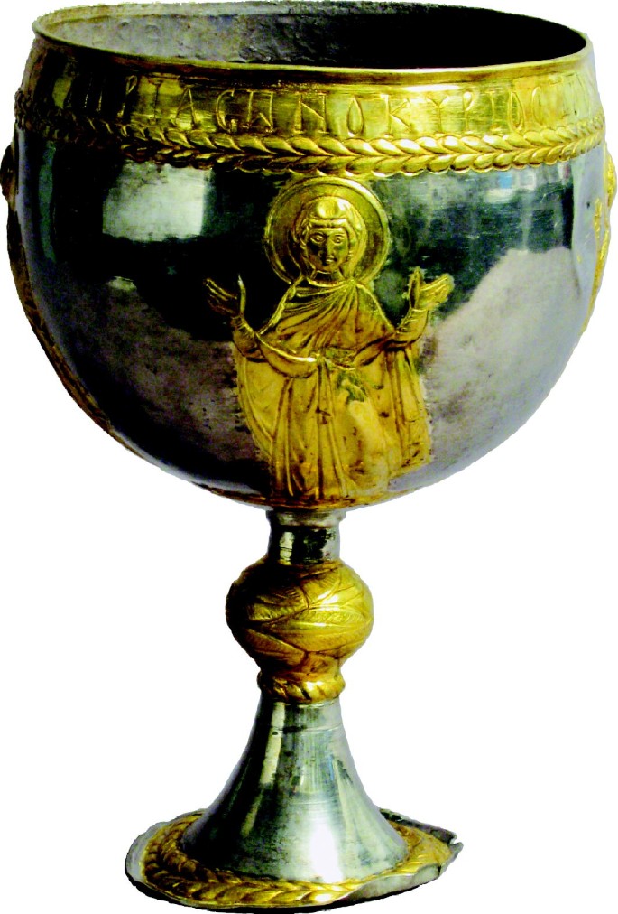 A photo of the chalice with an illustration of Mary.
