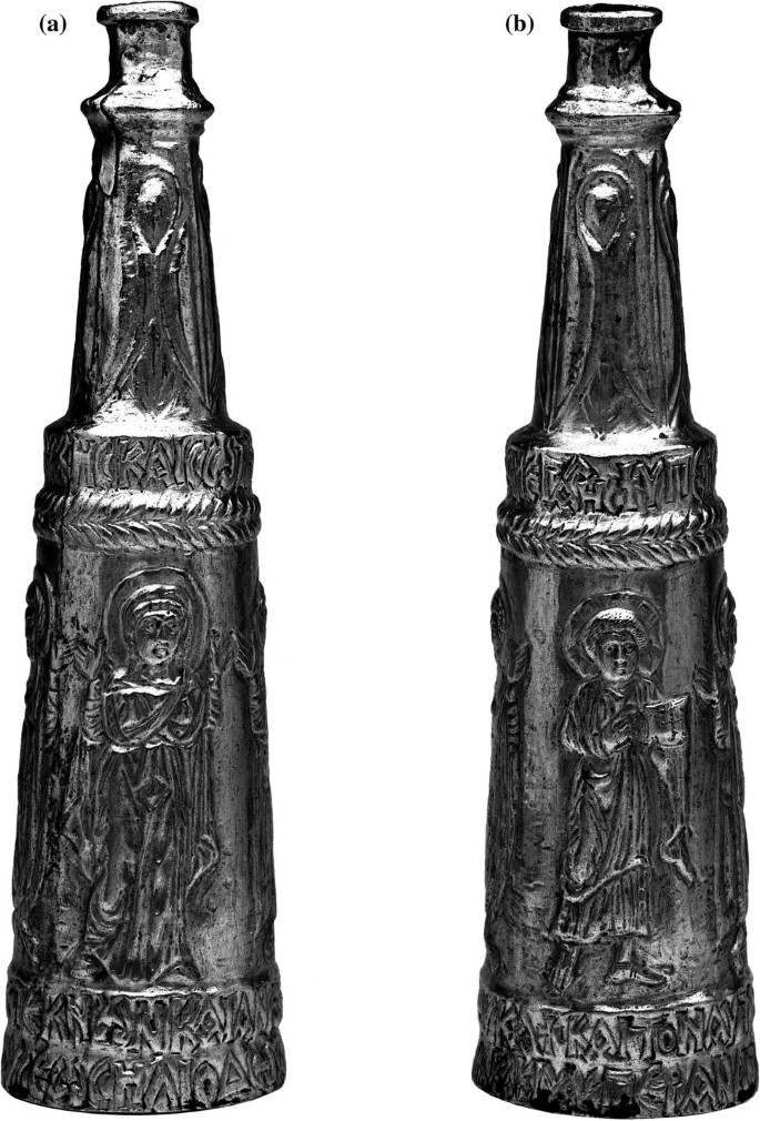 Two illustrations of Mary and Jesus on two flasks for holy oil.
